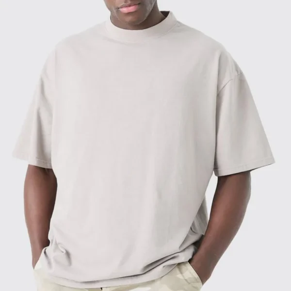 200 GSM Mock Neck Drop Shoulder T-Shirt sample for premium basics and casualwear manufacturing