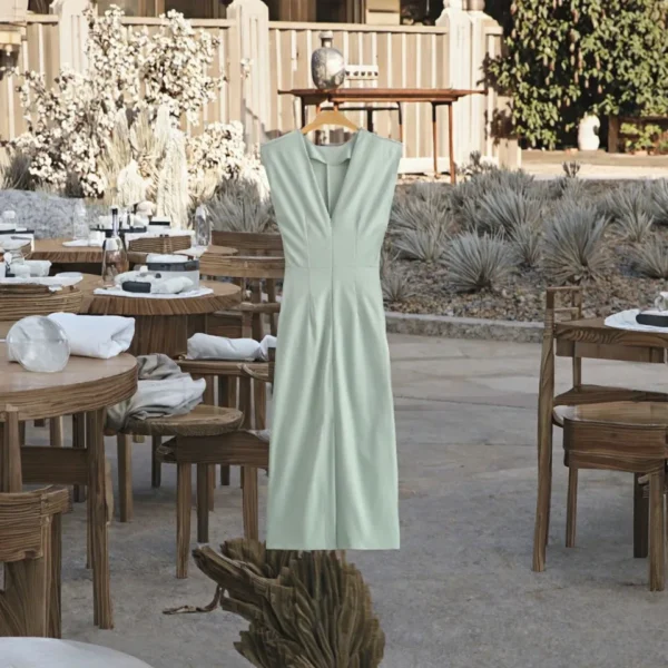 2024 Summer New Collection Sweet Elegant Neck Sleeveless Midi Back Slit Pleated product image for private label apparel manufacturing, view 2