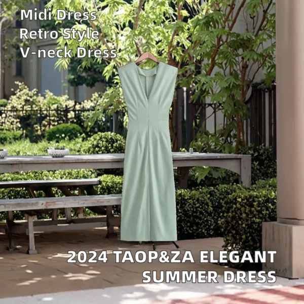 2024 Summer New Collection Sweet Elegant Neck Sleeveless Midi Back Slit Pleated product image for private label apparel manufacturing, view 3