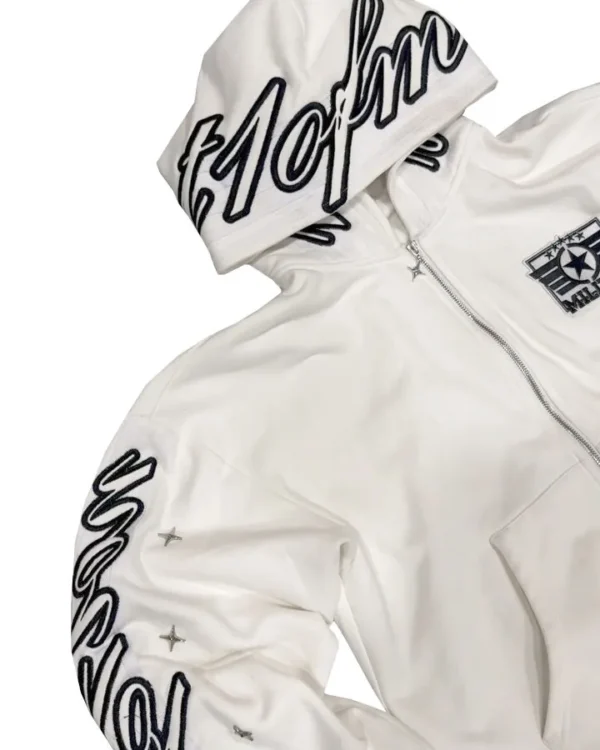 Custom Logo White Heavyweight Streetwear Cropped Embroidery Zip up Sweatpants and Hoodie Custom Logo White Heavyweight Streetwear Cropped Embroidery Zip up Sweatpants and Hoodie image 5