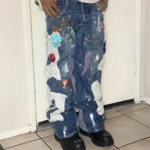 Custom Men's Stonewashed Acid Denim Boyfriend Distressed Streetwear Ripped Hiphop Faded image 1