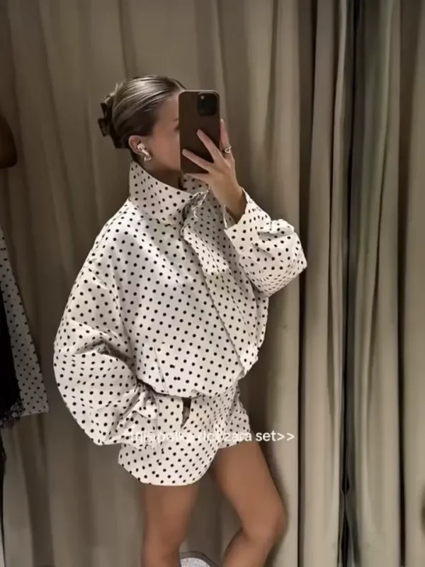 Custom Women's Casual Knee Long Sleeve Stand Neck Tops Shorts Dot Print image 4