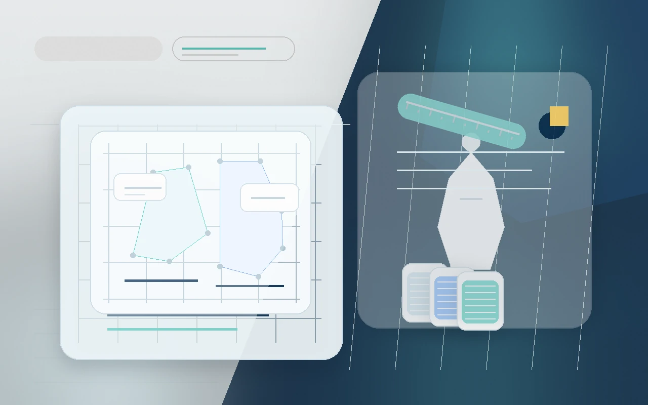 Stylized garment development scene with tech packs, pattern pieces, measurement tools, and sample planning elements