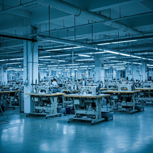 Industrial garment factory floor with organized sewing machines and production teams