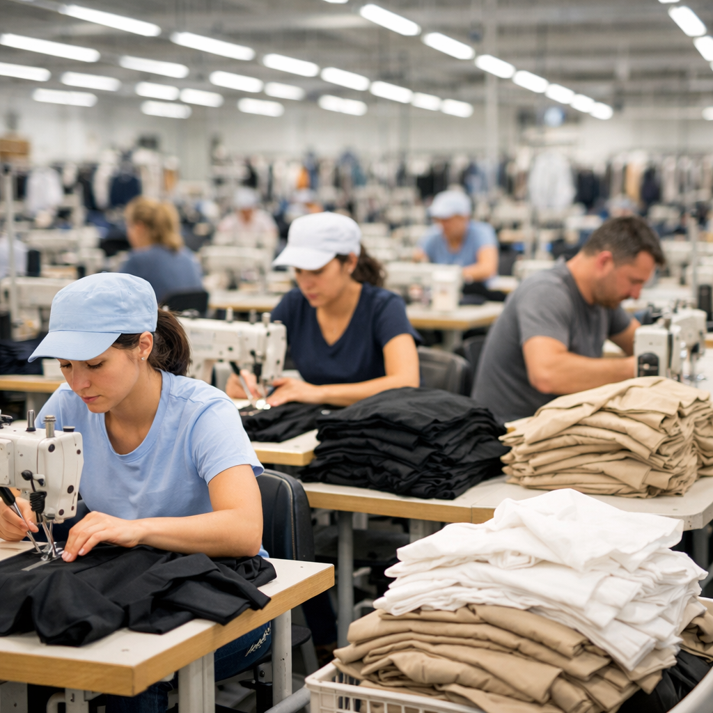 Factory floor and sewing line photo in apparel production workshop