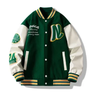 Fashion Green Puffer Mens Patchwork Jacket Embroidered Baseball Letterman Varsity Bomber Jackets image 1