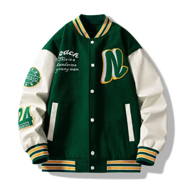 Fashion Green Puffer Mens Patchwork Jacket Embroidered Baseball Letterman Varsity Bomber Jackets Fashion Green Puffer Mens Patchwork Jacket Embroidered Baseball Letterman Varsity Bomber Jackets image 1