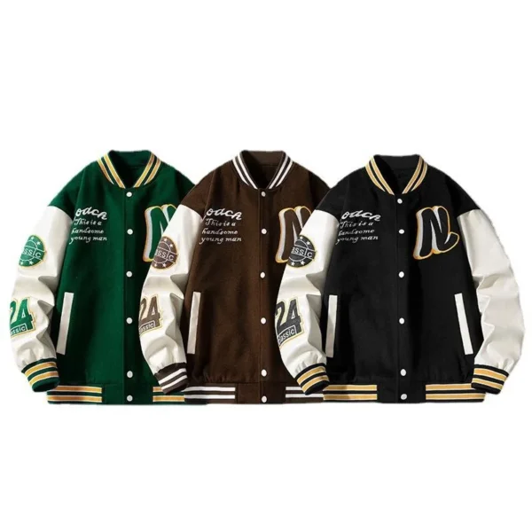 Fashion Green Puffer Mens Patchwork Jacket Embroidered Baseball Letterman Varsity Bomber Jackets Fashion Green Puffer Mens Patchwork Jacket Embroidered Baseball Letterman Varsity Bomber Jackets image 2
