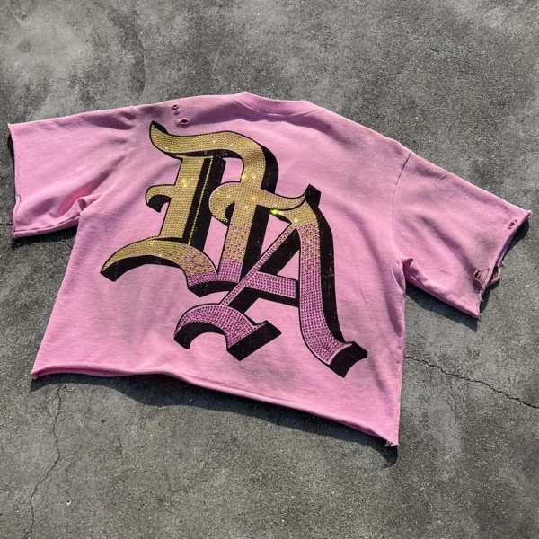 Heavyweight Cotton Boxy Cropped T-Shirts Custom Graphic Rhinestone Oversized Shirt Vintage Distressed Heavyweight Cotton Boxy Cropped T-Shirts Custom Graphic Rhinestone Oversized Shirt Vintage Distressed image 2