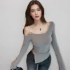 Hot Girl DIY Sloping Collar Top Irregular Shoulder Long Sleeves Slim Fit product image for private label apparel manufacturing