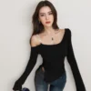 Hot Girl DIY Sloping Collar Top Irregular Shoulder Long Sleeves Slim Fit product image for private label apparel manufacturing, view 3