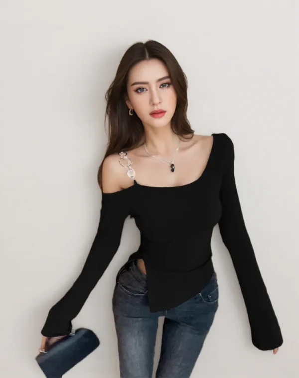 Hot Girl DIY Sloping Collar Top Irregular Shoulder Long Sleeves Slim Fit product image for private label apparel manufacturing, view 3