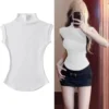 Ins Trend Pure Desire Women's Summer Sleeveless High Collar Knitted Crocheted Regular product image for private label apparel manufacturing, view 2