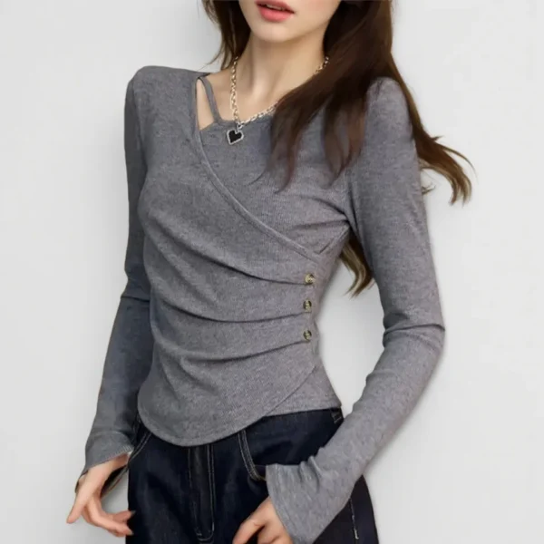 Luxurious Slim Fit Women's Knitted T-Shirt Spicy Girl Style Irregular Long Sleeves image 03 | StitchQuote Luxurious Slim Fit Women's Knitted T-Shirt Spicy Girl Style Irregular Long Sleeves product image for private label apparel manufacturing, view 3