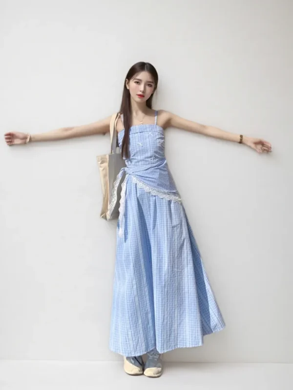 New Women's Blue Plaid Strapless Camisole Dress French Style Waist Cinching Slim image 2