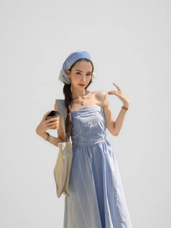 New Women's Blue Plaid Strapless Camisole Dress French Style Waist Cinching Slim image 3