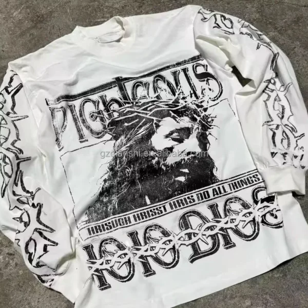 Custom Cotton Long Sleeved Shirt Oversize Screen Printing T-shirt Thermal Waffle Graphic Custom Cotton Long Sleeved Shirt Oversize Screen Printing T-shirt Thermal Waffle Graphic image 1
