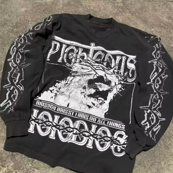 Custom Cotton Long Sleeved Shirt Oversize Screen Printing T-shirt Thermal Waffle Graphic Custom Cotton Long Sleeved Shirt Oversize Screen Printing T-shirt Thermal Waffle Graphic image 3