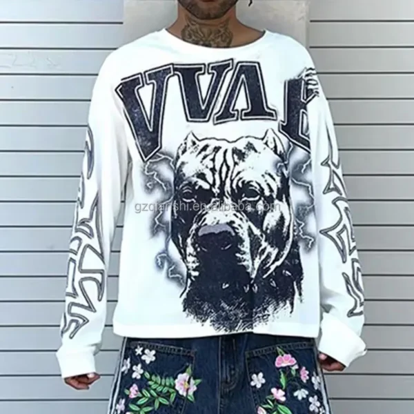 Custom Cotton Long Sleeved Shirt Oversize Screen Printing T-shirt Thermal Waffle Graphic Custom Cotton Long Sleeved Shirt Oversize Screen Printing T-shirt Thermal Waffle Graphic image 4