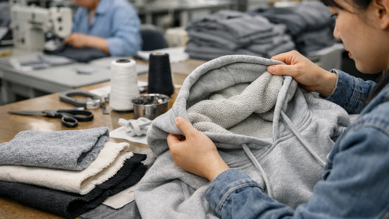 How Loopback French Terry is used on the factory side in a real apparel production context for the StitchQuote guide What Is Loopback French Terry