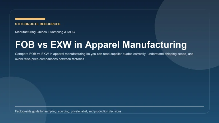 Cover image for the StitchQuote guide FOB vs EXW in Apparel Manufacturing