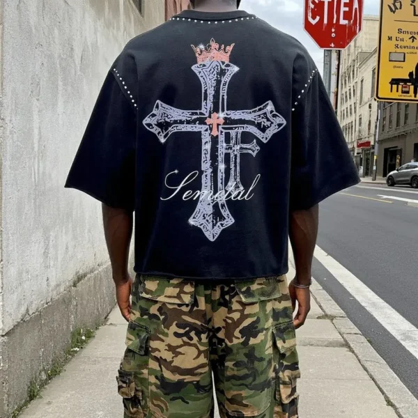 Rhinestone Graphic Boxy T-Shirt product image for private label streetwear manufacturing, view 2