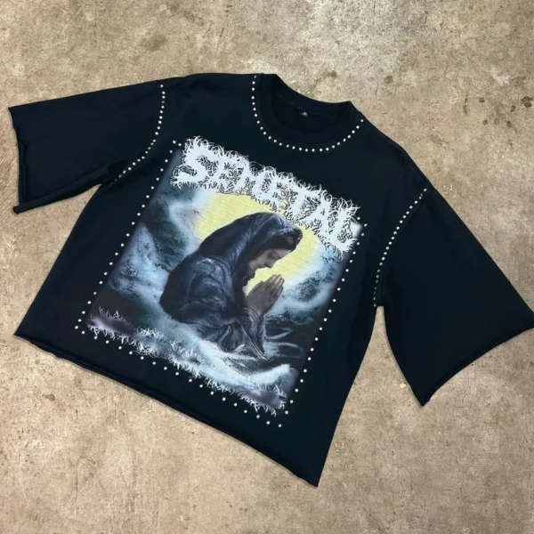 Rhinestone Graphic Boxy T-Shirt product image for private label streetwear manufacturing, view 3