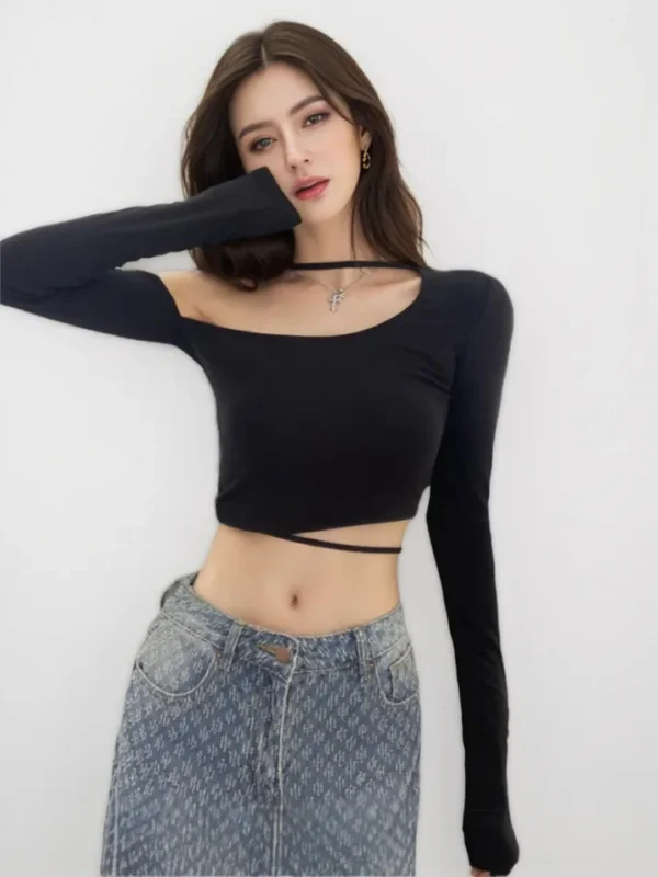 Spring/Summer High-End Women's One Shoulder Long Sleeved Top Pure Desire Spicy Girl product image for private label apparel manufacturing, view 2