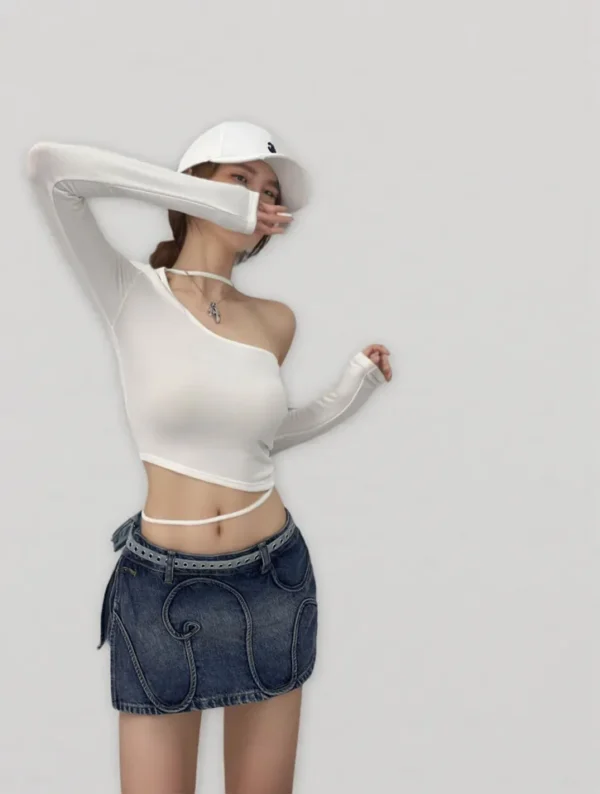 Spring/Summer High-End Women's One Shoulder Long Sleeved Top Pure Desire Spicy Girl product image for private label apparel manufacturing, view 3