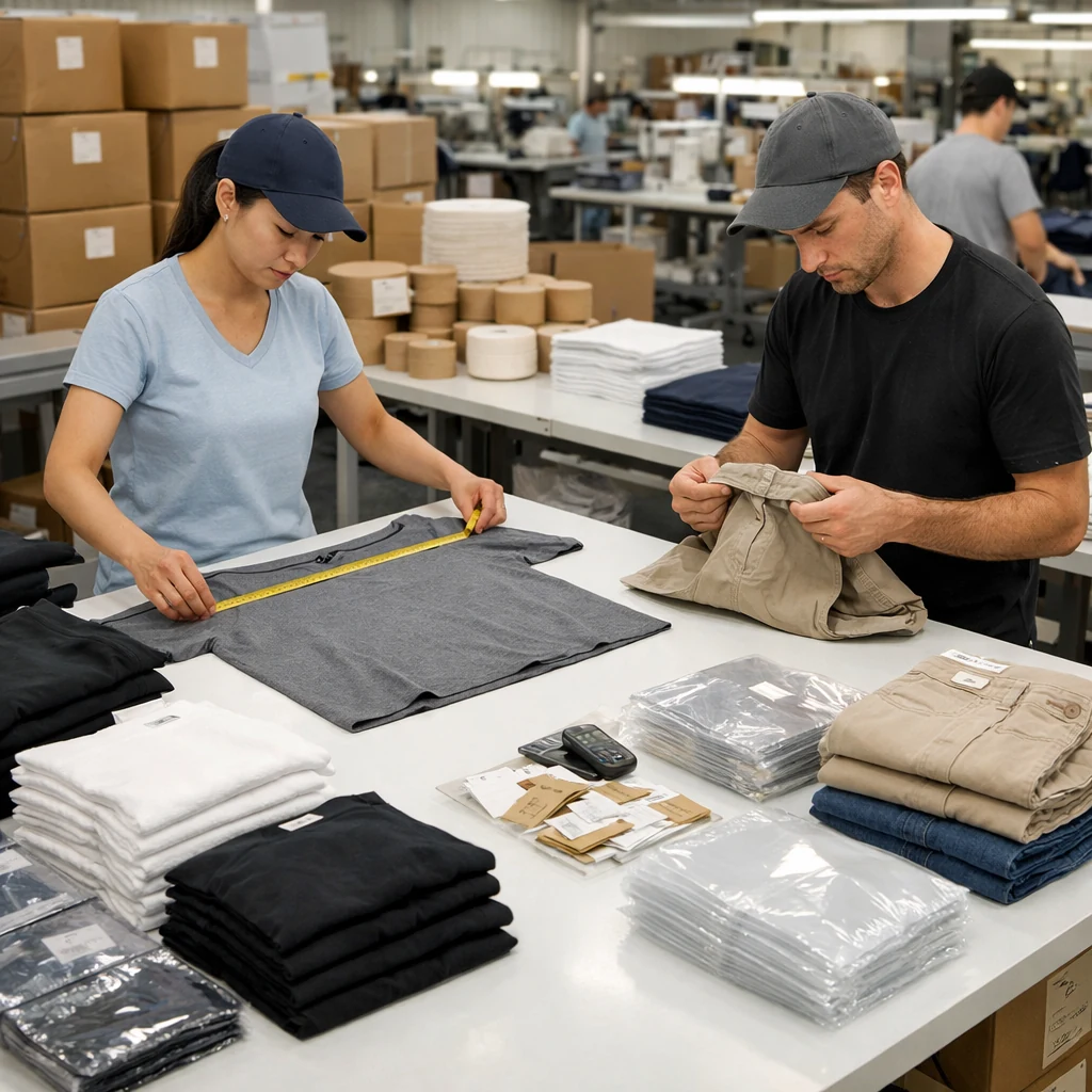 Garment quality inspection table with folded apparel, trims, and packing checks