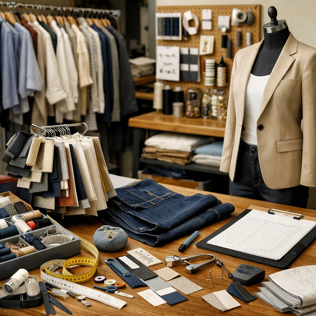 Garment sample room with apparel samples, measurement tape, trims, and review paperwork