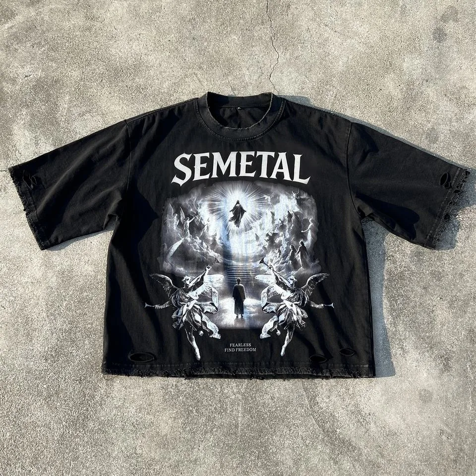 Washed black heavyweight boxy men's streetwear T-shirt with a large front graphic print