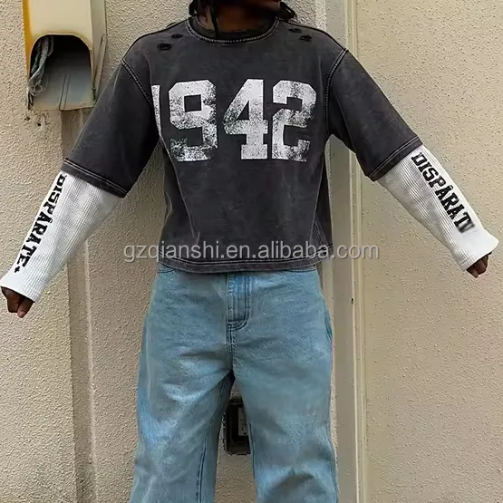 Custom Boxy Waffle Shirt Distressed Screen Printing Double Layered Long Sleeve T-shirt Custom Boxy Waffle Shirt Distressed Screen Printing Double Layered Long Sleeve T-shirt image 2