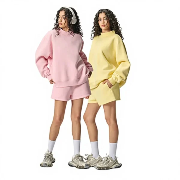 Women's Casual 100% Cotton Summer Mockneck Short Set Above-Knee Solid Fleece Elastic product image for private label apparel manufacturing