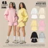 Women's Casual 100% Cotton Summer Mockneck Short Set Above-Knee Solid Fleece Elastic product image for private label apparel manufacturing, view 2