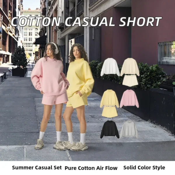 Women's Casual 100% Cotton Summer Mockneck Short Set Above-Knee Solid Fleece Elastic product image for private label apparel manufacturing, view 3