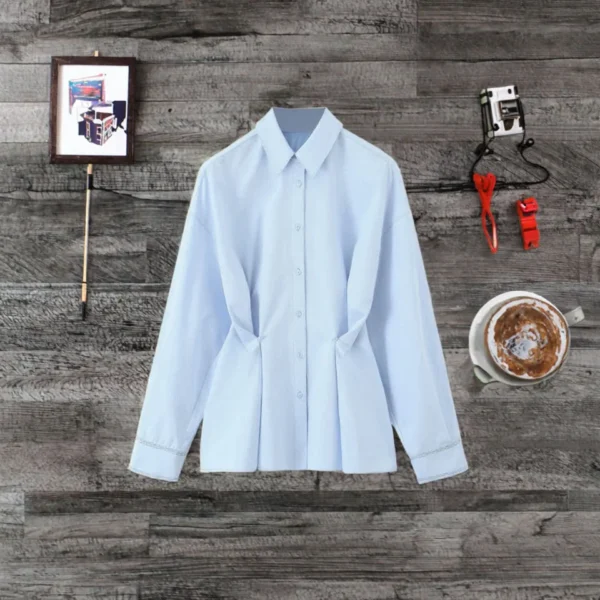 Women's Casual Blouse Full Sleeve Lapel Breathable Woven Solid Pattern Ruched Simple Women's Casual Blouse Full Sleeve Lapel Breathable Woven Solid Pattern Ruched Simple image 2