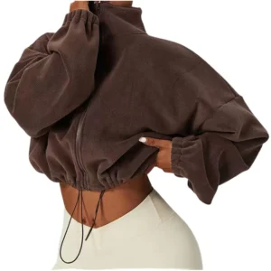 Women's Casual Printed Long Sleeve Fleece Sports Coat Cardigan Style Stand Collar product image for private label apparel manufacturing