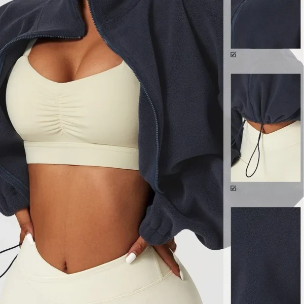 Women's Casual Printed Long Sleeve Fleece Sports Coat Cardigan Style Stand Collar product image for private label apparel manufacturing, view 2