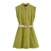 Women's Casual Summer Breathable Mini Dress Green Solid Pattern Turn Collar Buttons image 1