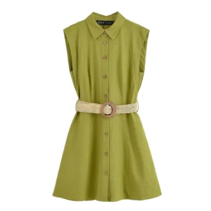 Women's Casual Summer Breathable Mini Dress Green Solid Pattern Turn Collar Buttons Women's Casual Summer Breathable Mini Dress Green Solid Pattern Turn Collar Buttons image 1