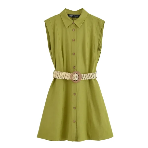 Women's Casual Summer Breathable Mini Dress Green Solid Pattern Turn Collar Buttons image 1