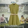Women's Casual Summer Breathable Mini Dress Green Solid Pattern Turn Collar Buttons image 2