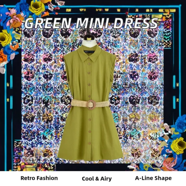 Women's Casual Summer Breathable Mini Dress Green Solid Pattern Turn Collar Buttons image 3