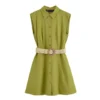 Women's Casual Summer Breathable Mini Dress Green Solid Pattern Turn Collar Buttons image 4