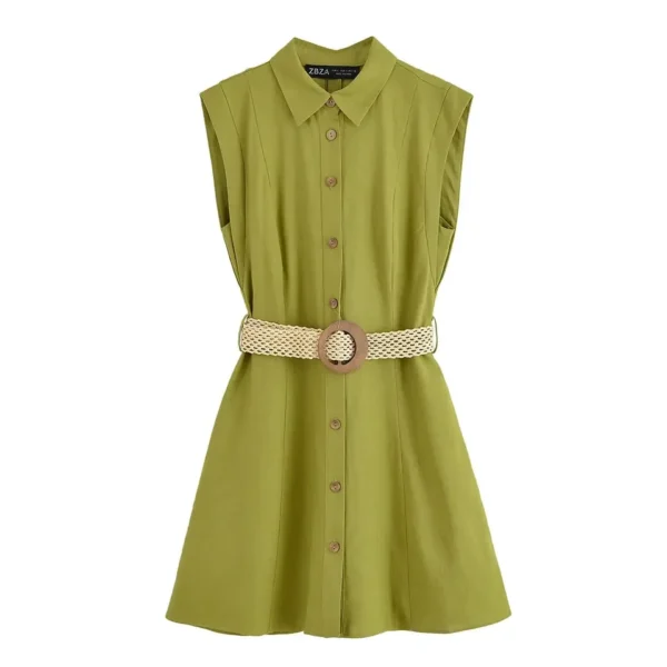 Women's Casual Summer Breathable Mini Dress Green Solid Pattern Turn Collar Buttons image 4