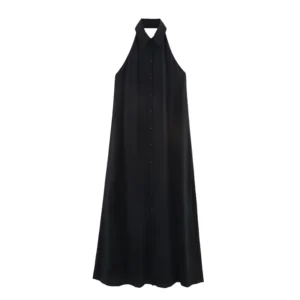 Women's Summer Sleeveless Halter Design Casual Dress Breathable Solid Woven Maxi Length image 1