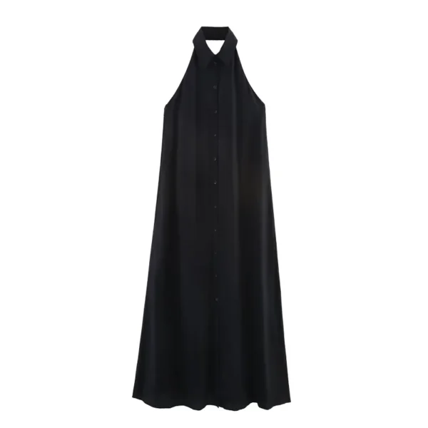 Women's Summer Sleeveless Halter Design Casual Dress Breathable Solid Woven Maxi Length Women's Summer Sleeveless Halter Design Casual Dress Breathable Solid Woven Maxi Length image 1