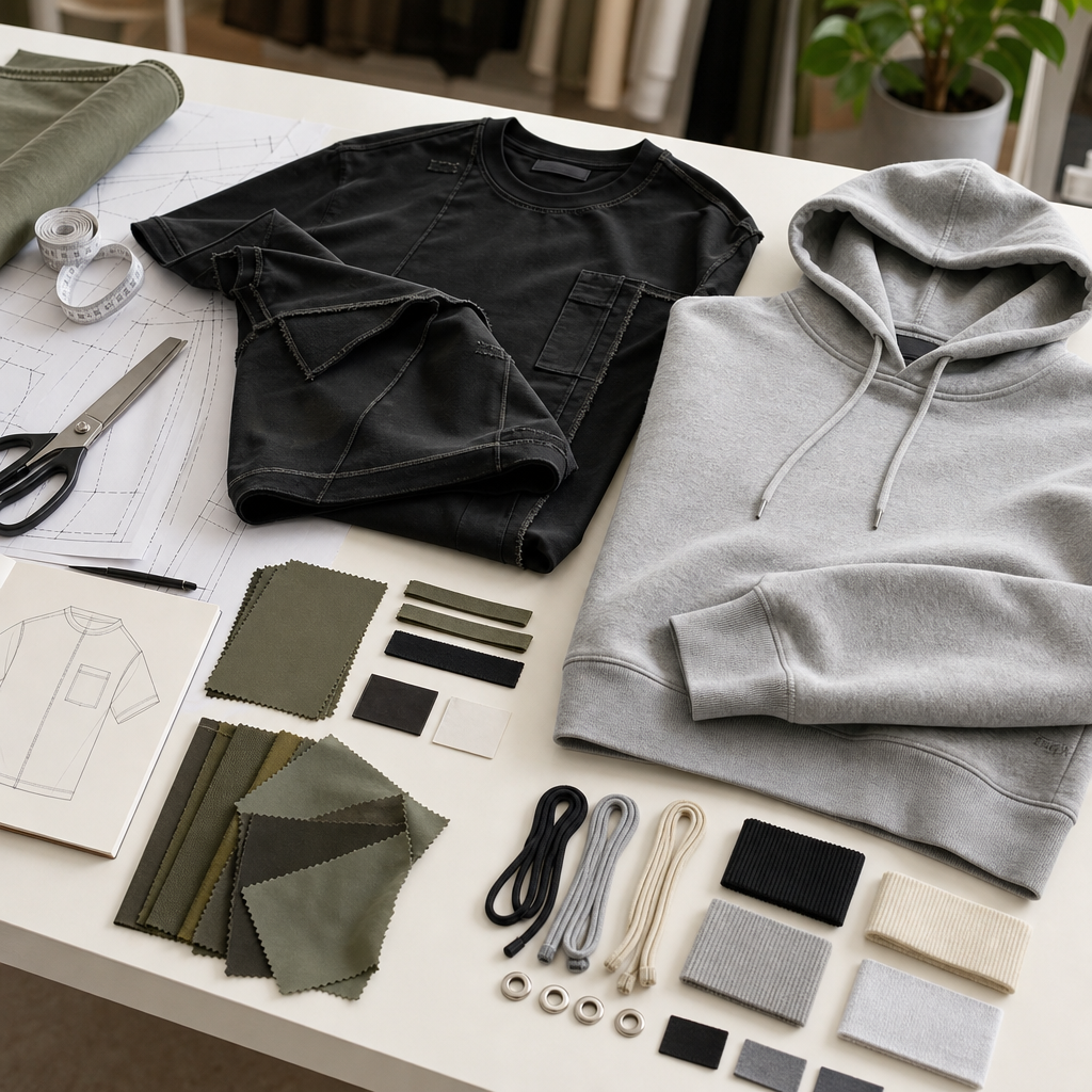 Cut and sew pattern pieces, blank garments, and fabric swatches arranged for streetwear production planning