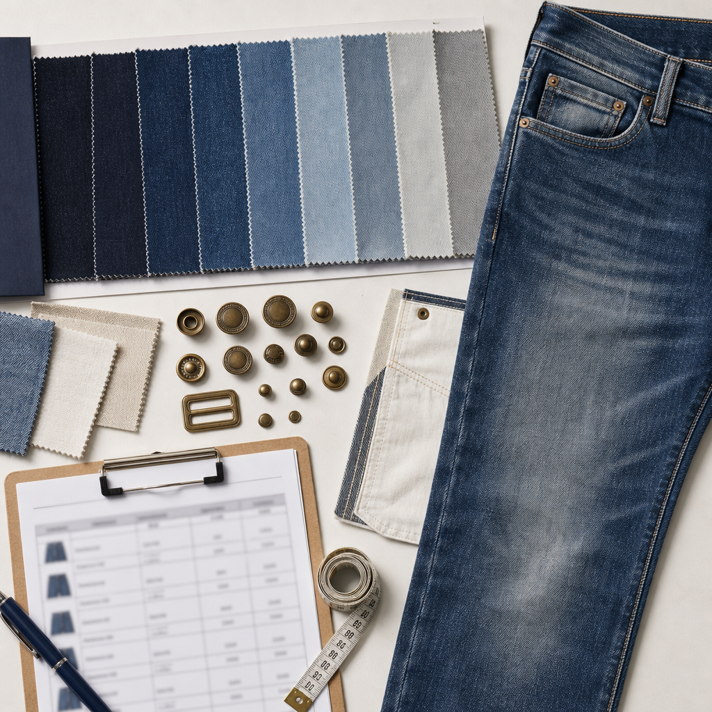 Denim swatches, jeans sample panel, buttons, rivets, trims, and measuring tape arranged for hardware approval
